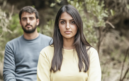 Two individuals are seated in a natural environment surrounded by green foliage. The woman is in front, wearing a light sweater, while the man is slightly behind her in casual attire.の素材