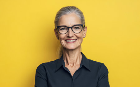 A woman with long gray hair and glasses smiles confidently, showcasing her positive attitude. She stands against a vivid yellow background that brightens the scene.の素材