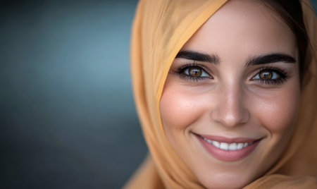 A woman with bright eyes and a joyful smile wears an elegant hijab in a calm, well-lit environment. The setting highlights her natural beauty, creating an inviting atmosphere.の素材