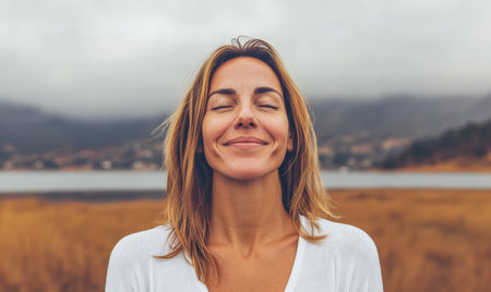 A woman stands by a calm lake, eyes closed and smiling. Soft clouds hover above, creating a peaceful atmosphere. Nature surrounds her, evoking a sense of tranquility and joy.の素材