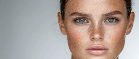 A young woman with clear skin, freckles, and light eye makeup poses for a close-up portrait. Her striking blue eyes and soft lips create an inviting, serene expression.の素材