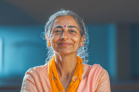 A joyful woman with gray hair and traditional attire stands in a peaceful indoor area. She smiles warmly, exuding a sense of calm and positivity. Sunlight softly brightens the background.の素材