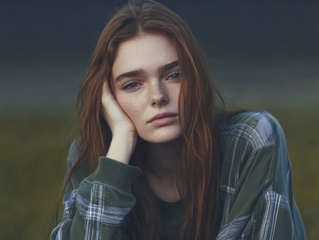 A young woman with long hair sits in a grassy field, resting her chin on her hand. She looks thoughtful, surrounded by a serene atmosphere in the evening light.の素材