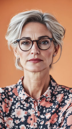 A mature woman stands confidently with her arms crossed, wearing glasses and a floral blouse.の素材