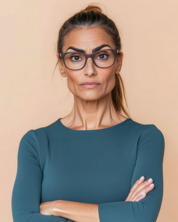 A strong-looking woman stands with her arms crossed, wearing glasses and a teal top. Her serious expression conveys confidence and determination in this bright, neutral setting.の素材