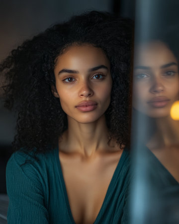 In a cozy indoor setting, a young woman with beautiful curly hair gazes thoughtfully through a glass surface. Soft evening light adds warmth to the scene.の素材