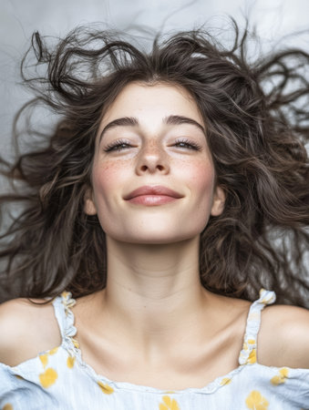 A young woman relaxes on a soft surface with her long, wavy hair spread out around her. She smiles gently, creating a joyful and serene atmosphere.の素材