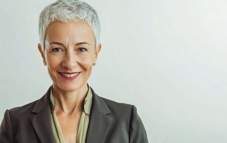 A woman with short, silver hair smiles confidently while wearing a tailored suit. She stands against a light, neutral background, radiating professionalism and approachability.の素材