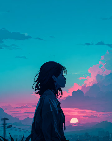 A woman stands in profile, gazing at the colorful sunset blending shades of pink and blue in the sky. The scene captures the quiet beauty of dusk in a city setting.の素材