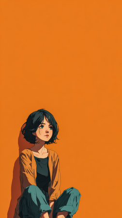 A young woman sits on the floor, leaning against a vivid orange wall. She looks thoughtful, wearing casual clothes and her hair softly frames her face, embracing a peaceful yet introspective moment.の素材