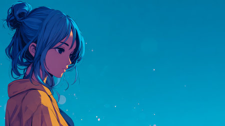 A young woman stands quietly, her blue hair catching the light as she looks towards the horizon. The evening sky is vivid, creating a serene and reflective atmosphere.の素材