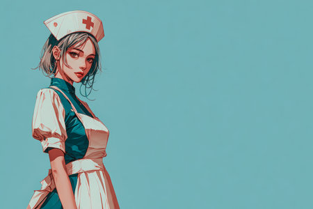 A nurse stands confidently, wearing a vintage white and blue uniform.の素材