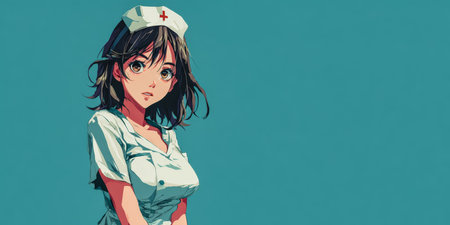 A nurse stands confidently, dressed in a classic uniform with a cap, displaying a caring expression. The background features a bright and vibrant color that enhances the mood.の素材