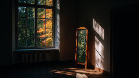 Sunlight streams through large windows, casting geometric shadows on the wooden floor. A mirror stands alone, reflecting the vibrant autumn foliage visible outside.の素材