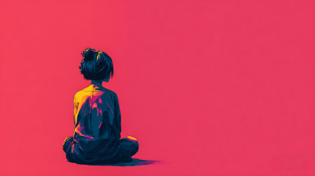 A child sits quietly on the ground, facing away from the viewer against a vibrant pink backdrop. The scene captures a moment of solitude and contemplation.の素材