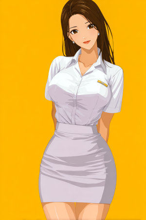 A young woman stands confidently with a warm smile, wearing a fitted white blouse and a light-colored skirt. The bright yellow backdrop enhances her cheerful expression and stylish appearance.の素材