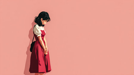 A woman in a red dress stands with her head down, leaning against a soft pink wall. Her expression shows contemplation and introspection, creating a serene atmosphere.の素材