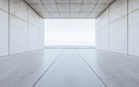 Modern room features smooth concrete walls and floor, designed with minimalism in mind. The large opening offers a panoramic view of the serene landscape beyond.の素材