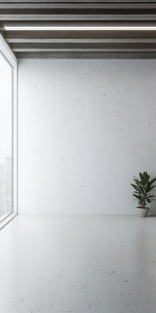 Bright and spacious room features a large window that fills the space with light. A single green plant adds a touch of nature against the minimalist backdrop.の素材