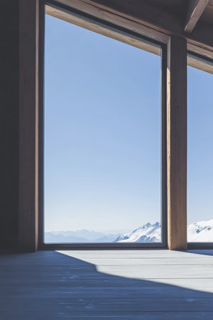 Sunlight floods the spacious interior of a wooden building, showcasing a panoramic view of majestic snowy mountains against a clear blue sky.の素材