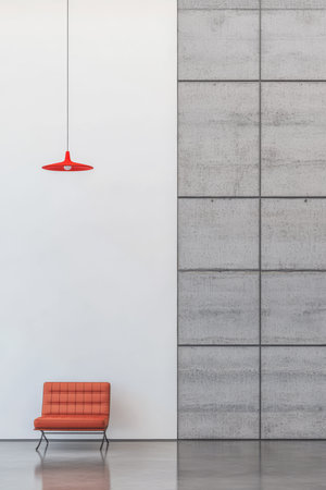 A simple yet stylish seating area features a vibrant orange chair against a neutral gray wall. The space highlights modern design elements that create a calming atmosphere.の素材