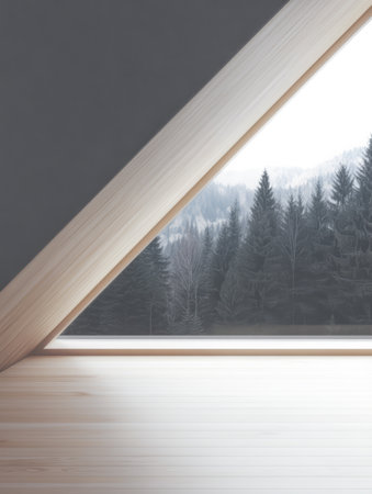 A spacious, minimalist room features a large triangular window. Outside, a quiet landscape of misty mountains and dense evergreen trees creates a serene atmosphere.の素材