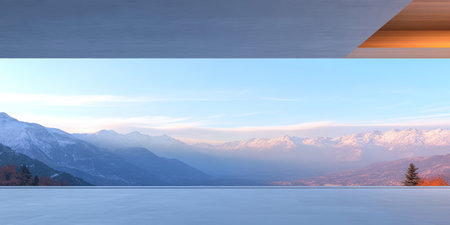 A breathtaking mountain landscape at dawn, featuring snow-capped peaks and calm waters reflecting the early morning sky. A perfect moment of peace and beauty.の素材
