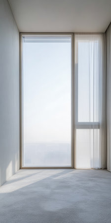 A spacious room features a large window with sheer curtains, allowing soft light to fill the space. The view outside shows a clear sky, creating a peaceful atmosphere.の素材
