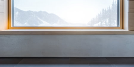 Bright winter morning light filters through a large window in a modern cabin. Outside, snow-covered mountains create a serene and peaceful atmosphere, inviting reflection.の素材