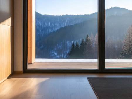 Bright sunlight filters through large glass doors, offering a stunning view of snow-covered mountains and evergreen trees outside. The interior features warm wooden tones.の素材