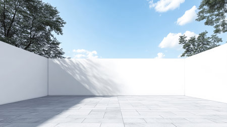 Bright open area features white walls and a clear blue sky above. The space is ideal for events, art installations, or outdoor gatherings. Sunlight casts shadows on the floor.の素材