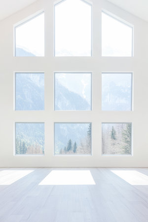 Spacious room features large windows that let in natural light, overlooking serene mountain scenery in a tranquil location. Perfect for relaxation or contemplation.の素材