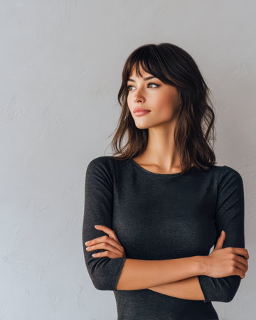 A woman with long dark hair stands with her arms crossed, wearing a fitted black dress. She gazes thoughtfully to the side, exuding confidence and elegance in a minimalist setting.の素材