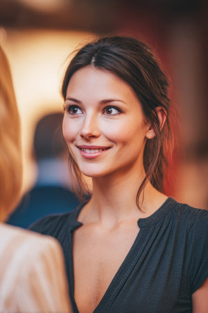 A woman with long hair shares a smile while talking to another person at a lively social event. The ambiance is warm and inviting, highlighting joyful interactions.の素材