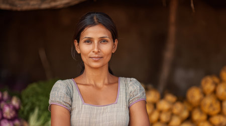 A woman stands confidently at her market stall, showcasing a variety of vibrant fruits and vegetables under a sunny sky. Her expression reflects pride in her work.の素材
