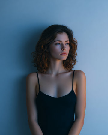 A woman with wavy hair stands against a light blue wall, lost in thought. She wears a simple black top and presents a thoughtful demeanor, capturing a moment of calm.の素材