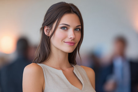 A young woman stands confidently at a social event, displaying a friendly smile. Soft lighting highlights her features as people chat in the background.の素材