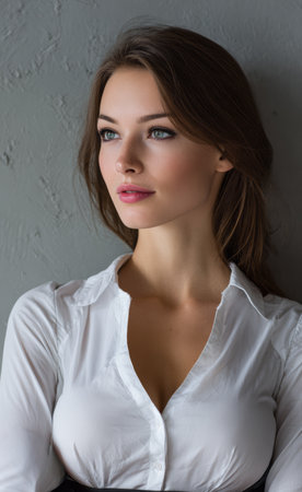 A young woman with long brown hair stands against a textured wall, wearing a white shirt. She gazes thoughtfully, projecting calm and elegance in the quiet space.の素材