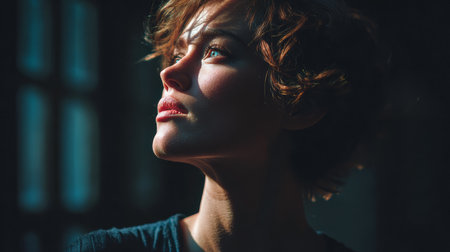 A woman with curly hair looks upward, her expression thoughtful as soft light illuminates her face. The background is dim, creating a calm and introspective mood.の素材