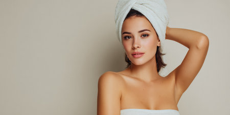 A young woman stands gracefully in a minimalist space after a spa treatment, dressed in a towel with wet hair wrapped in a towel, expressing calm and confidence.の素材