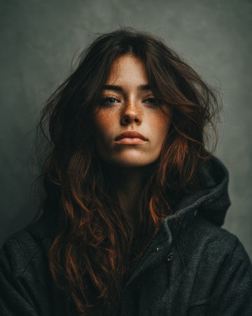 A woman with tousled brown hair and noticeable freckles looks directly at the viewer. She wears a dark hoodie and stands against a soft, textured backdrop that adds depth to the scene.の素材