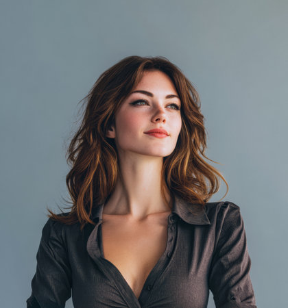 A young woman stands confidently, gazing slightly upward. She has wavy hair and is wearing a stylish top. The muted gray background adds a calm and sophisticated touch.の素材