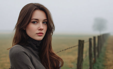 A young woman stands by a rustic wooden fence in a foggy field. Her long hair flows gently in the breeze as she gazes thoughtfully into the distance on a cool autumn morning.の素材