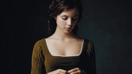 A young woman in a vintage-style dress stands in soft lighting, gazing downward with a thoughtful expression. The atmosphere is calm and introspective.の素材