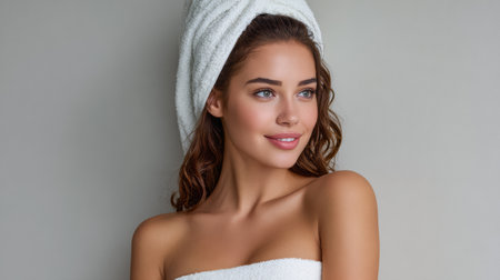 A woman stands in a serene space, wrapped in a towel while her hair is covered with a white towel. She has a joyful expression and looks relaxed in a calm atmosphere.の素材