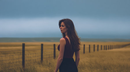 A woman stands in a vast field with tall grass, facing away from the camera. The sky is dark and cloudy, creating a moody atmosphere at twilight. Fencing outlines the field in the background.の素材