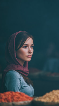 A young woman stands in a bustling market, thoughtfully observing her surroundings. She wears a scarf and gazes at colorful spice displays, with soft light illuminating the scene.の素材