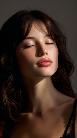 A young woman with long, wavy hair is sitting quietly with her eyes closed. Soft light highlights her serene expression in an indoor setting, creating a calm atmosphere.の素材