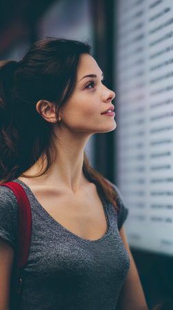 A young woman stands in a public transport station, gazing up at the display board. She appears thoughtful as she checks the information, surrounded by the evening hustle of commuters.の素材