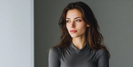 A young woman stands confidently in a sleek indoor environment. Natural light illuminates her features, emphasizing her calm and composed demeanor. She wears a fitted gray top.の素材